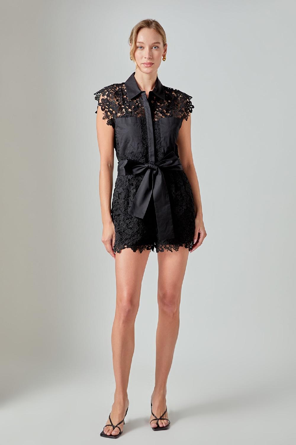 endless rose Astrid Belted Lace Romper BLACK