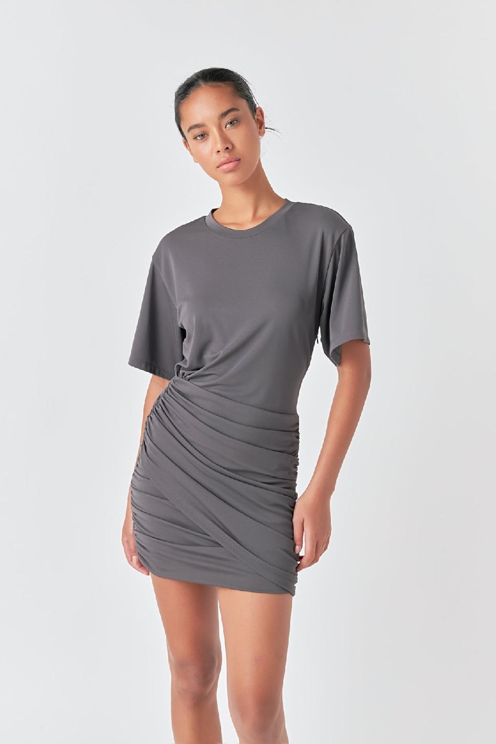 Endless Rose Asymmetric Ruched Mini Dress CHARCOAL