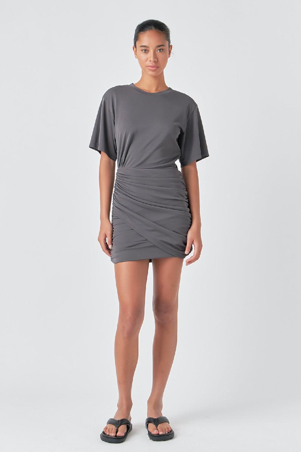 Endless Rose Asymmetric Ruched Mini Dress CHARCOAL