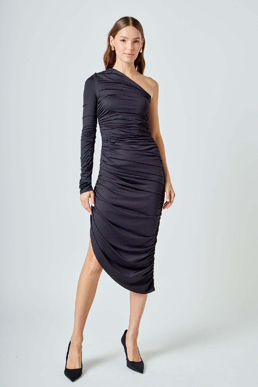 endless rose Asymmetrical Knit Midi Dress BLACK