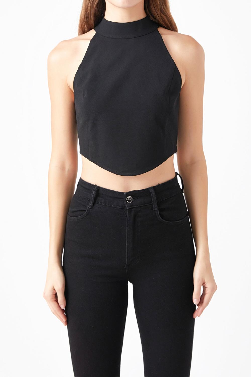 Endless Rose Back Tie Detail Halter Neck Top BLACK