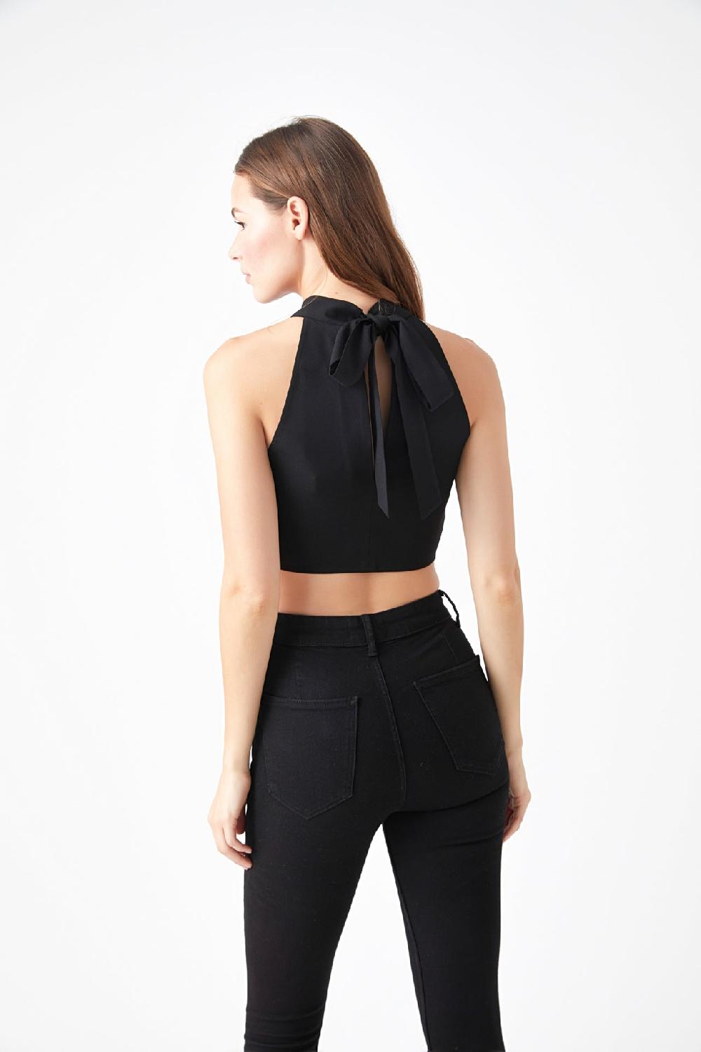 Endless Rose Back Tie Detail Halter Neck Top BLACK