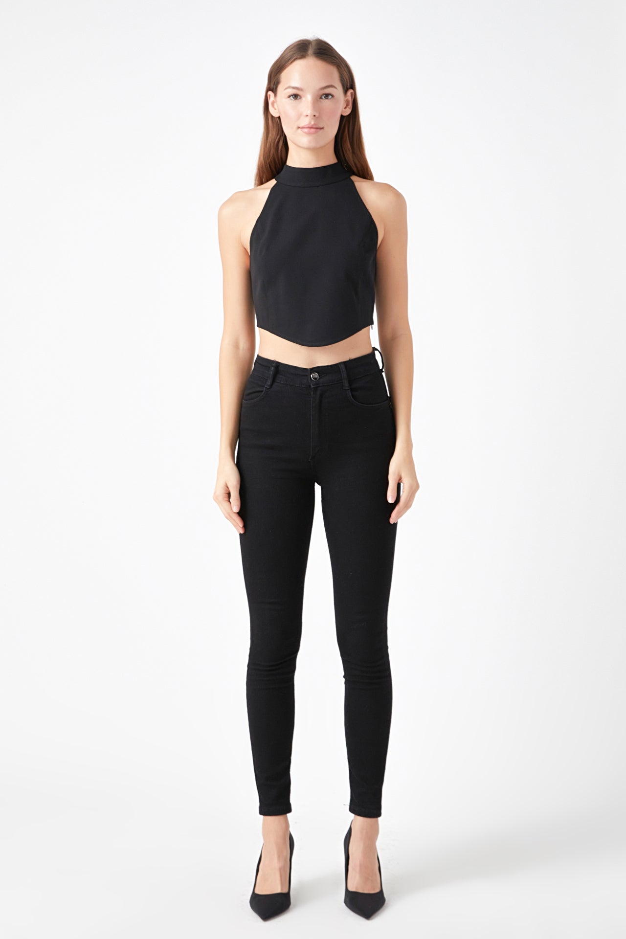 endless rose Back Tie Detail Halter Neck Top BLACK