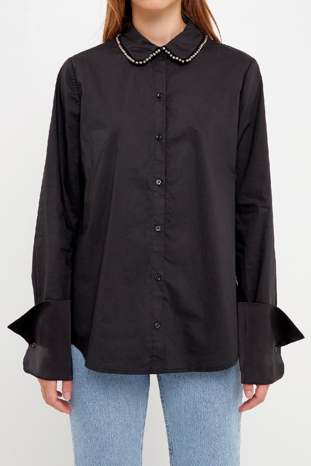 Endless Rose Beaded Collar Long-Sleeve Shirt BLACK