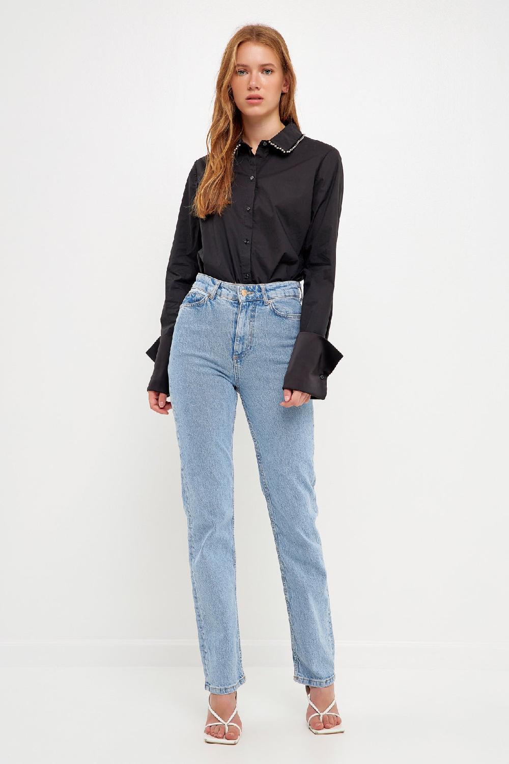 endless rose Beaded Collar Long-Sleeve Shirt BLACK