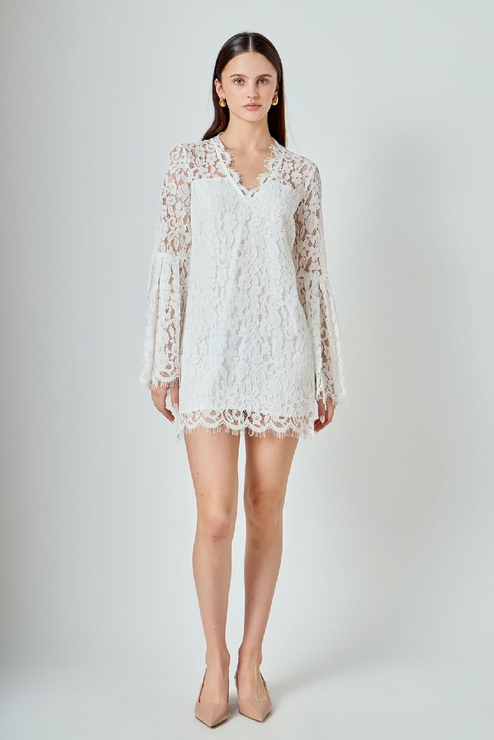 endless rose Bell Sleeve V-Neck Lace Dress IVORY