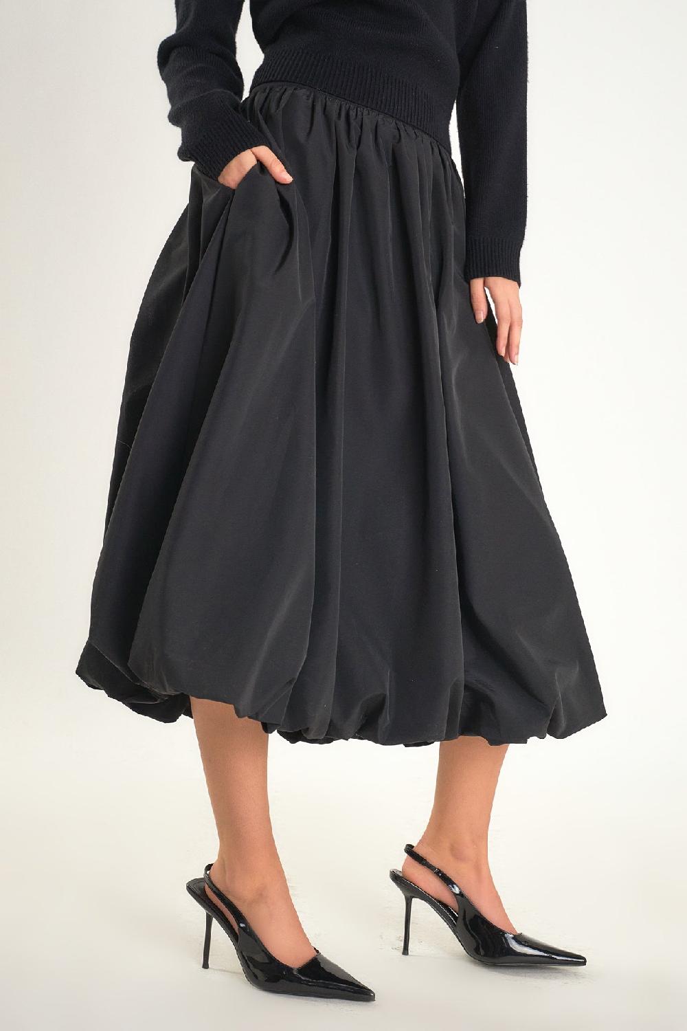 Endless Rose Belted Blouson Midi Skirt BLACK