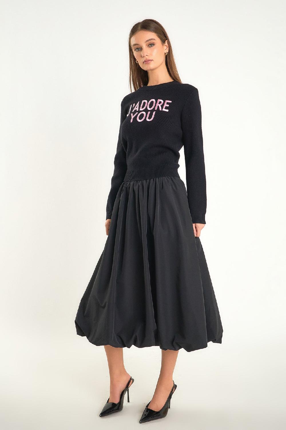 Endless Rose Belted Blouson Midi Skirt BLACK