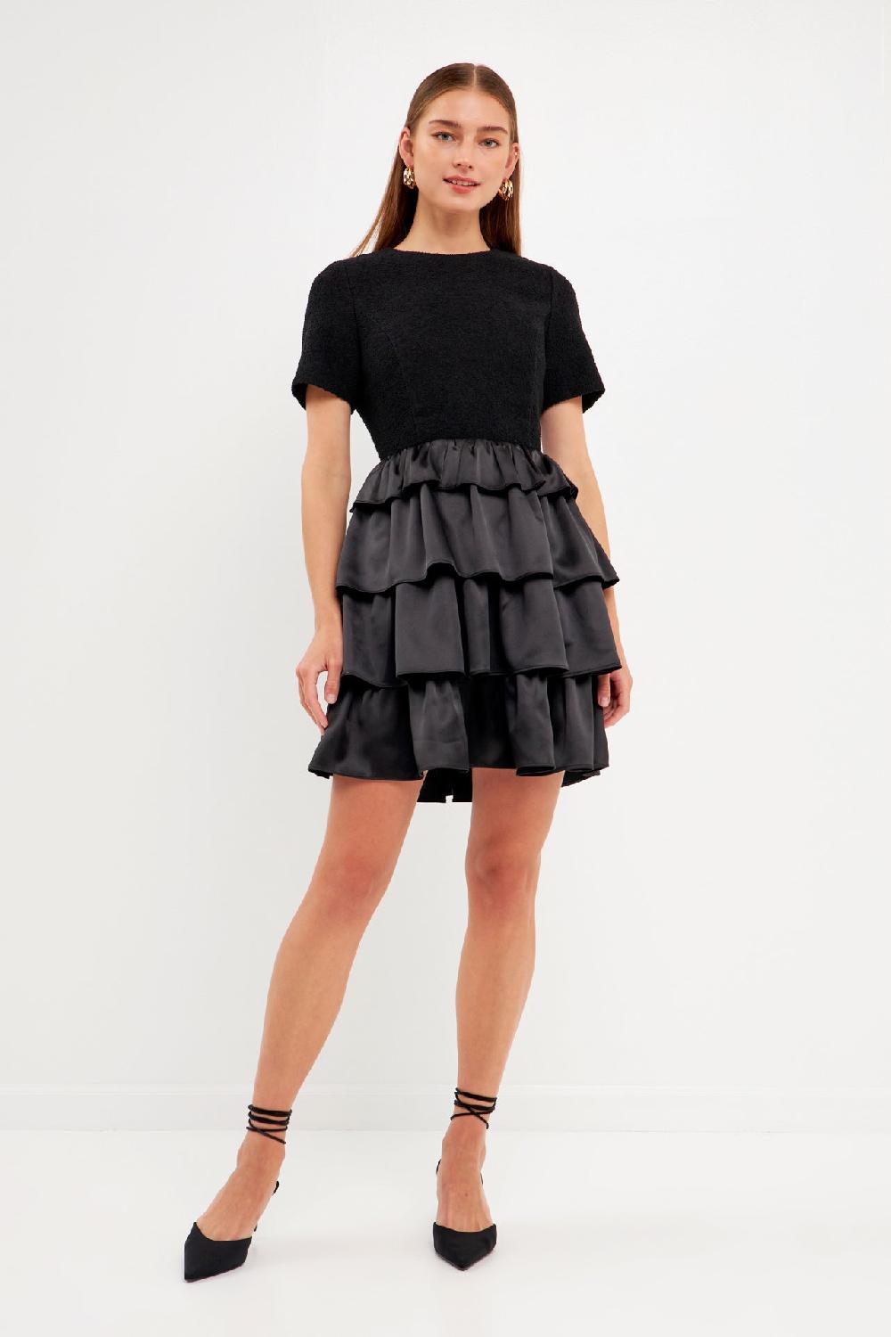 endless rose Boucle Satin Mini Dress JET BLACK