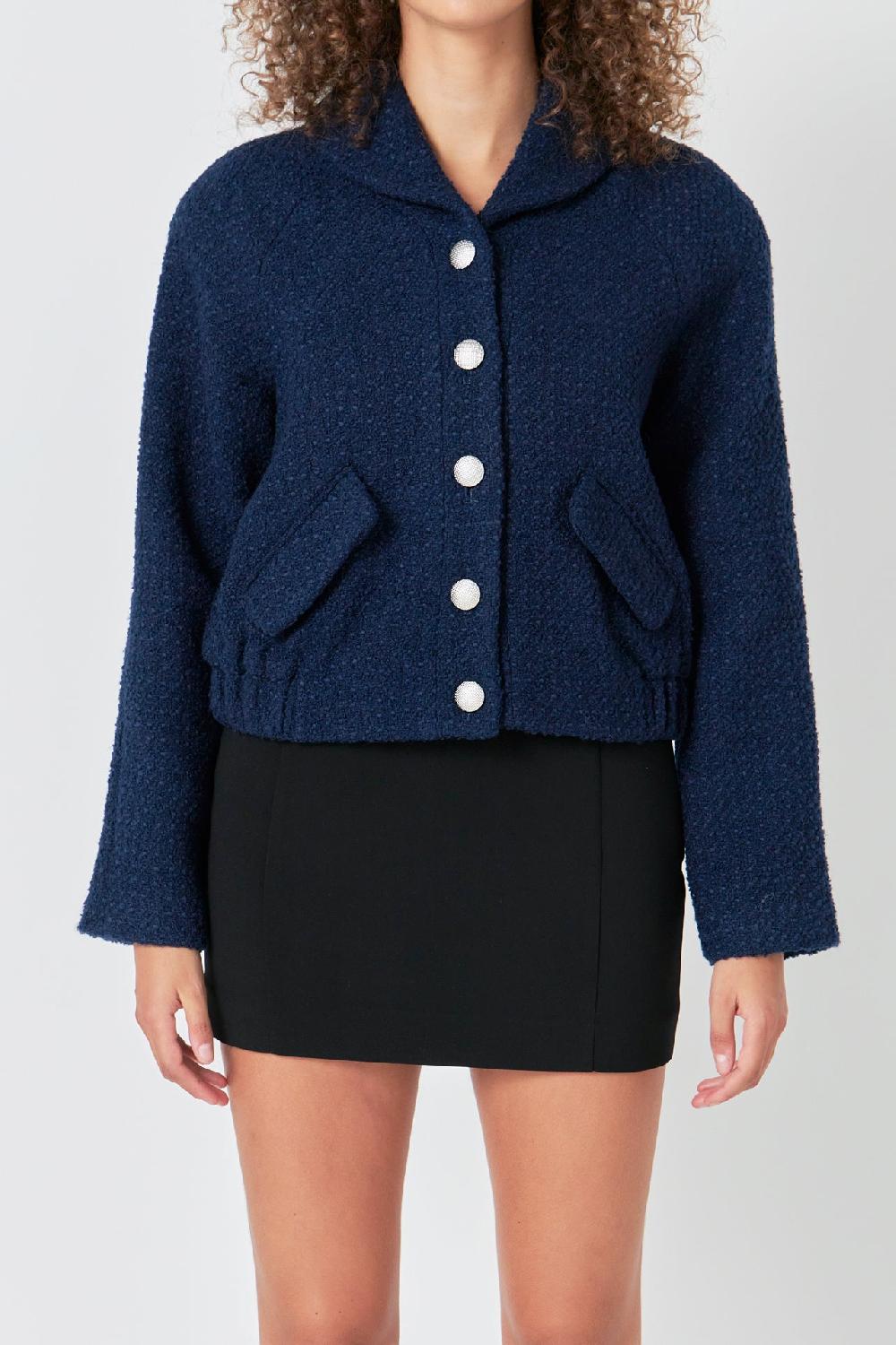 Endless Rose Boucle Tweed Buttoned Bomber NAVY