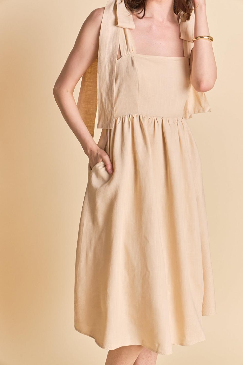 Endless Rose Bow Shoulder Tie Midi Dress NUDE