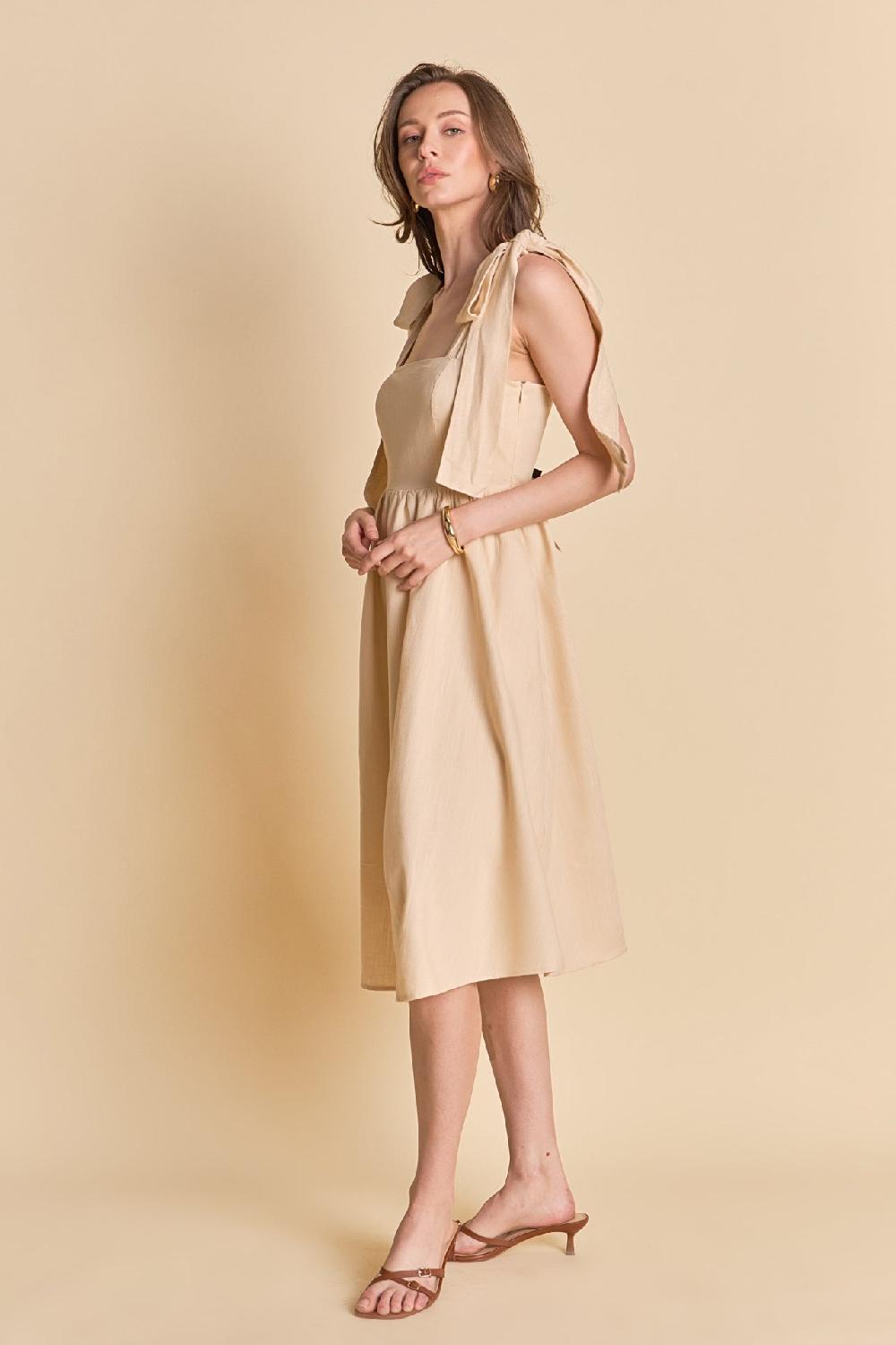 Endless Rose Bow Shoulder Tie Midi Dress NUDE