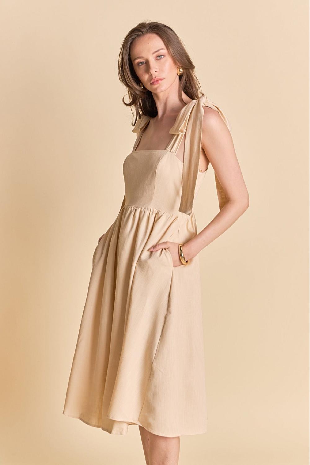 endless rose Bow Shoulder Tie Midi Dress NUDE