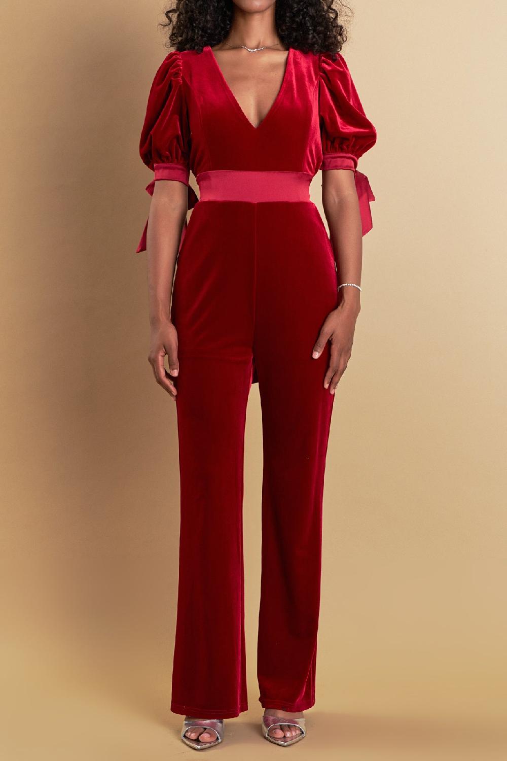 Endless Rose Bow Tie Sleeve Velvet Jumpsuit ROUGE