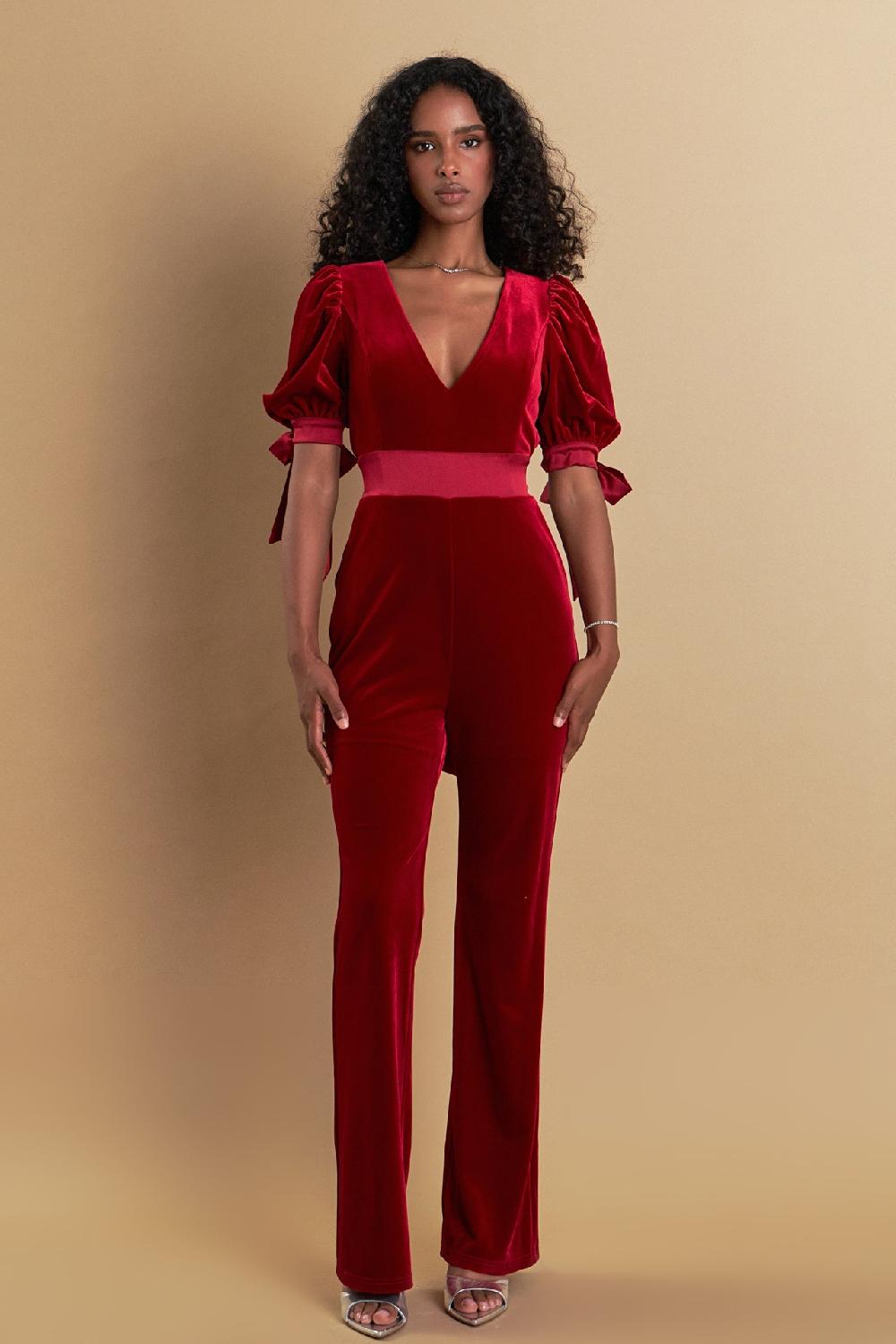 Endless Rose Bow Tie Sleeve Velvet Jumpsuit ROUGE