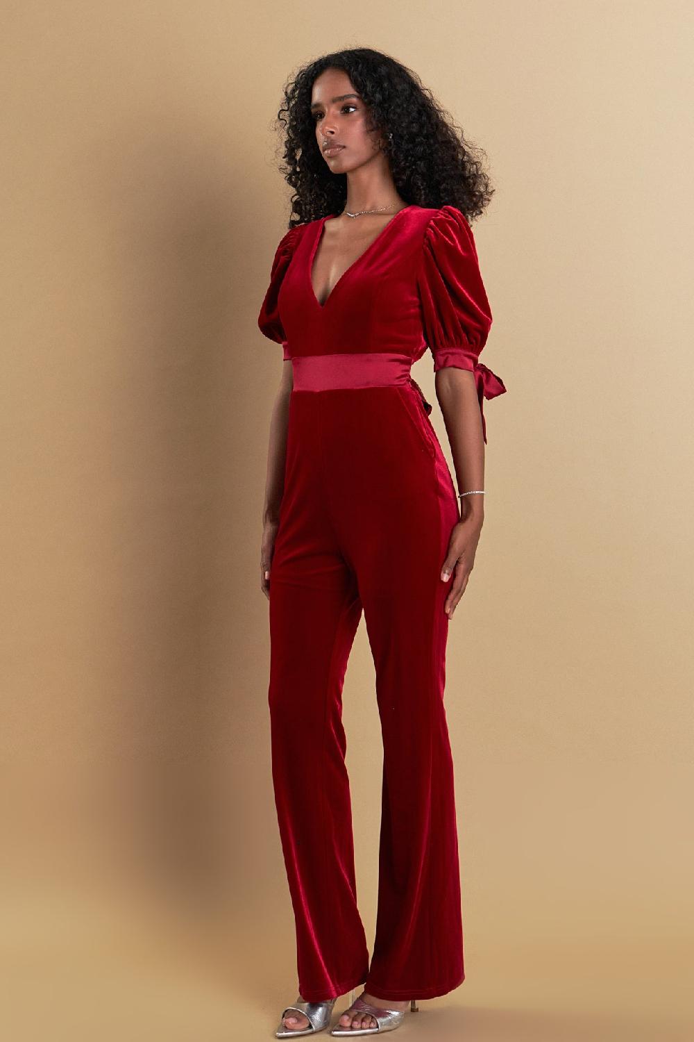 Endless Rose Bow Tie Sleeve Velvet Jumpsuit ROUGE