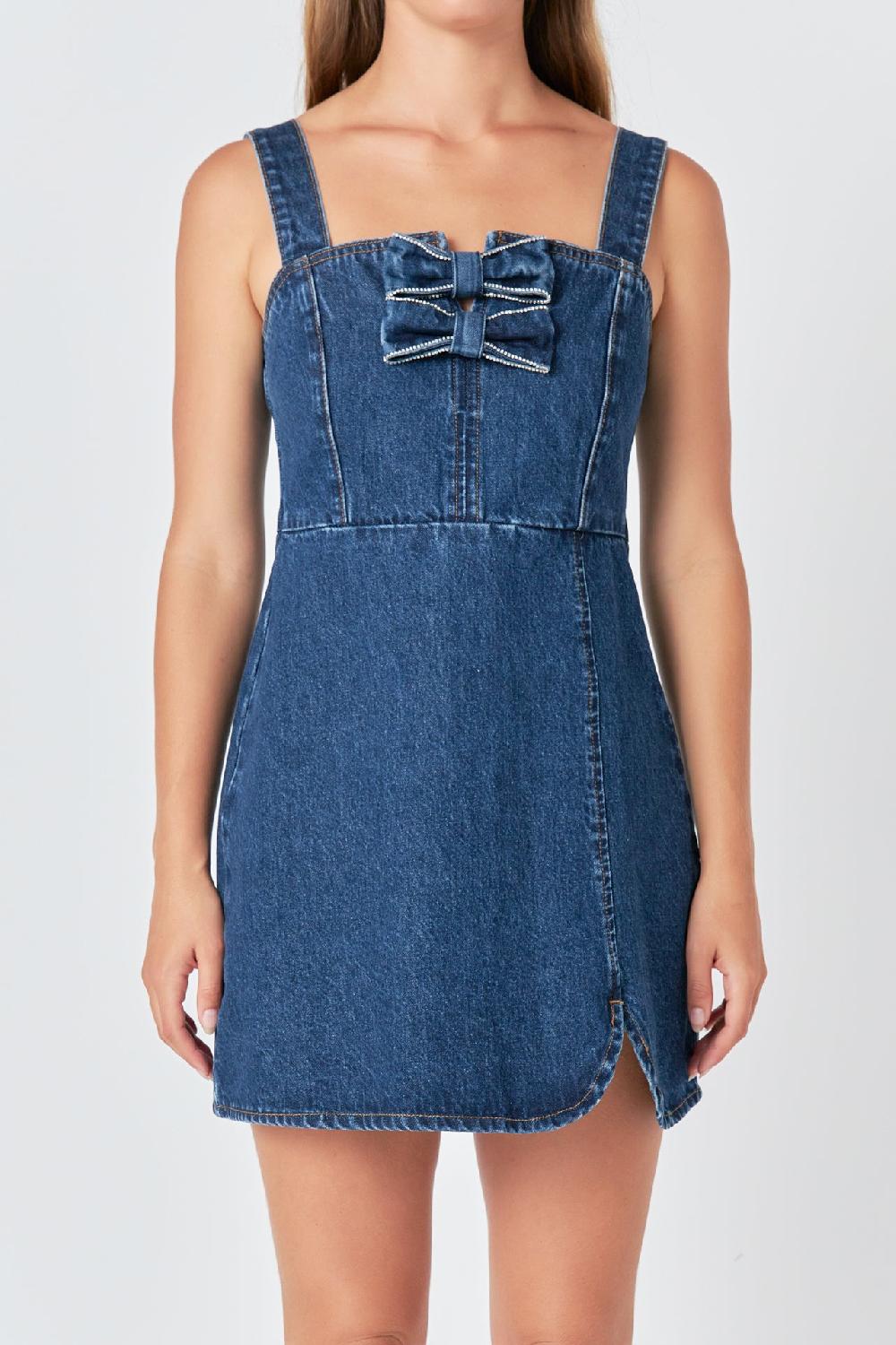 Endless Rose Bow Trim Denim Mini Dress BLUE