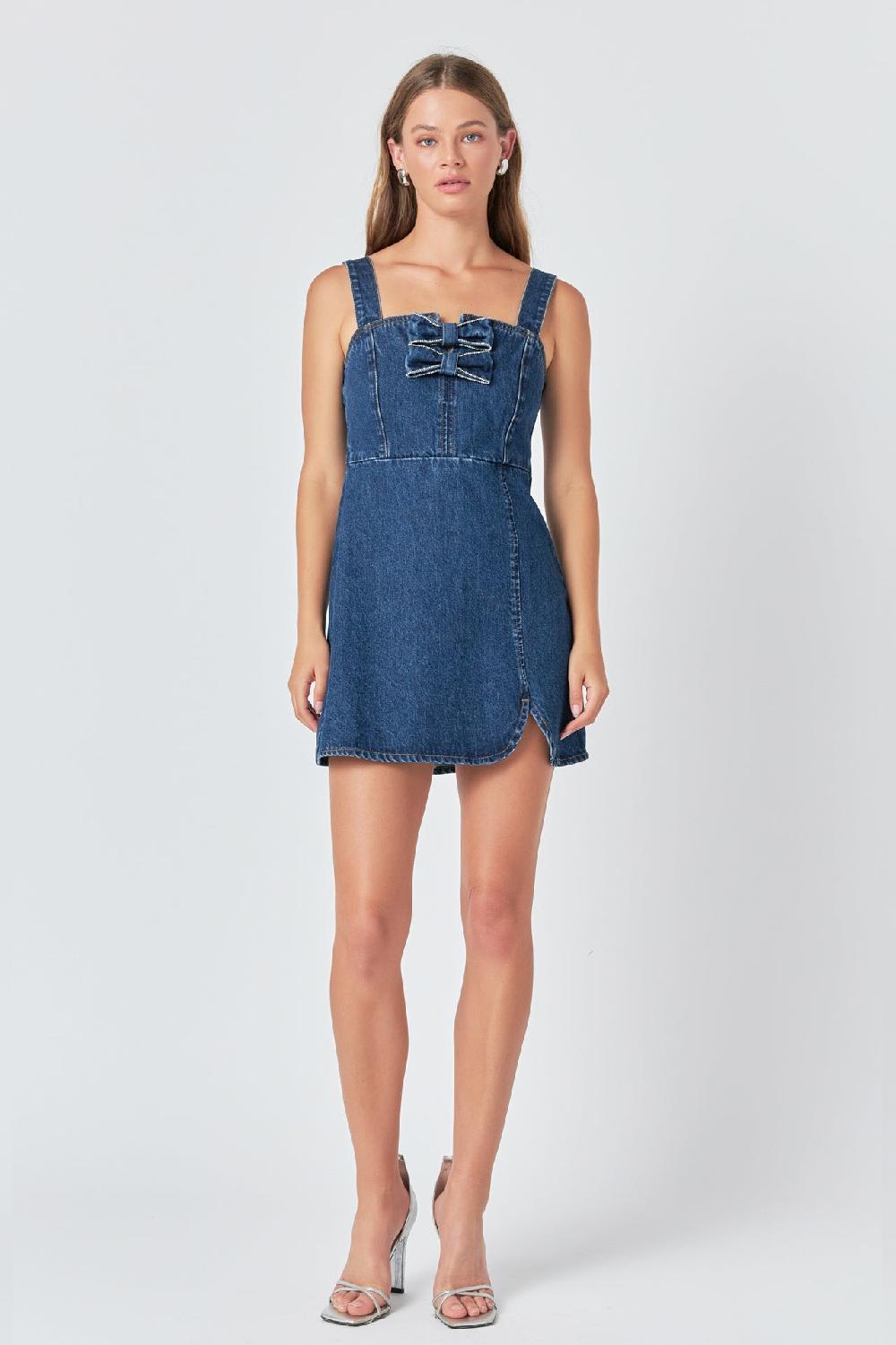 endless rose Bow Trim Denim Mini Dress BLUE
