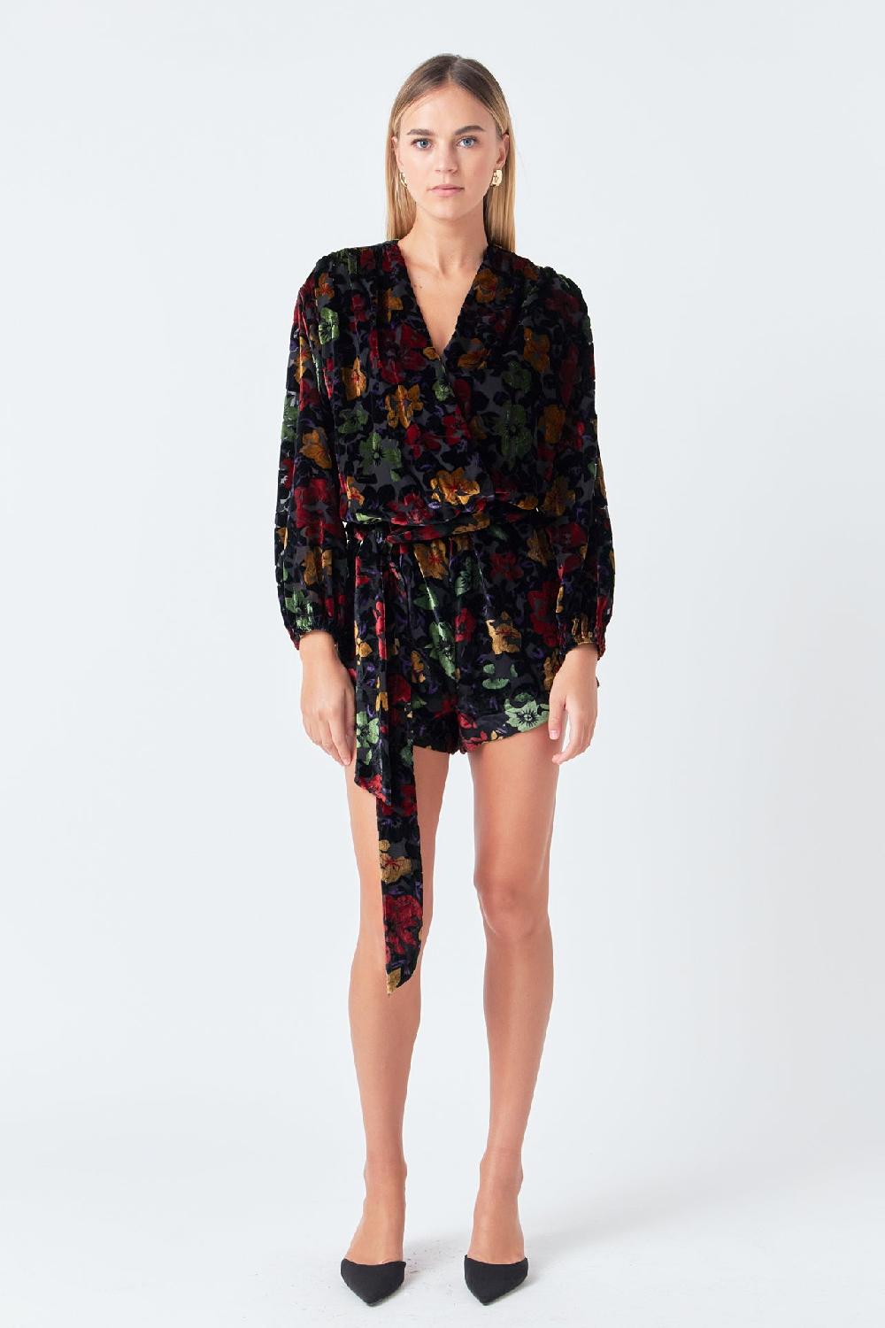 endless rose Burnout Velvet Romper BLACK
