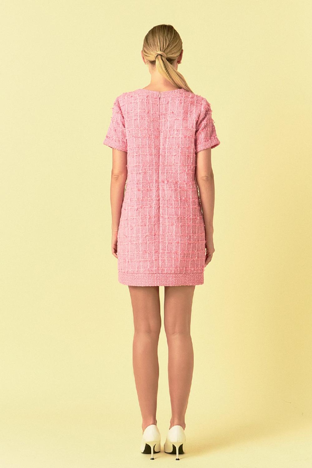 Endless Rose Buttoned Tweed Shift Dress PINK