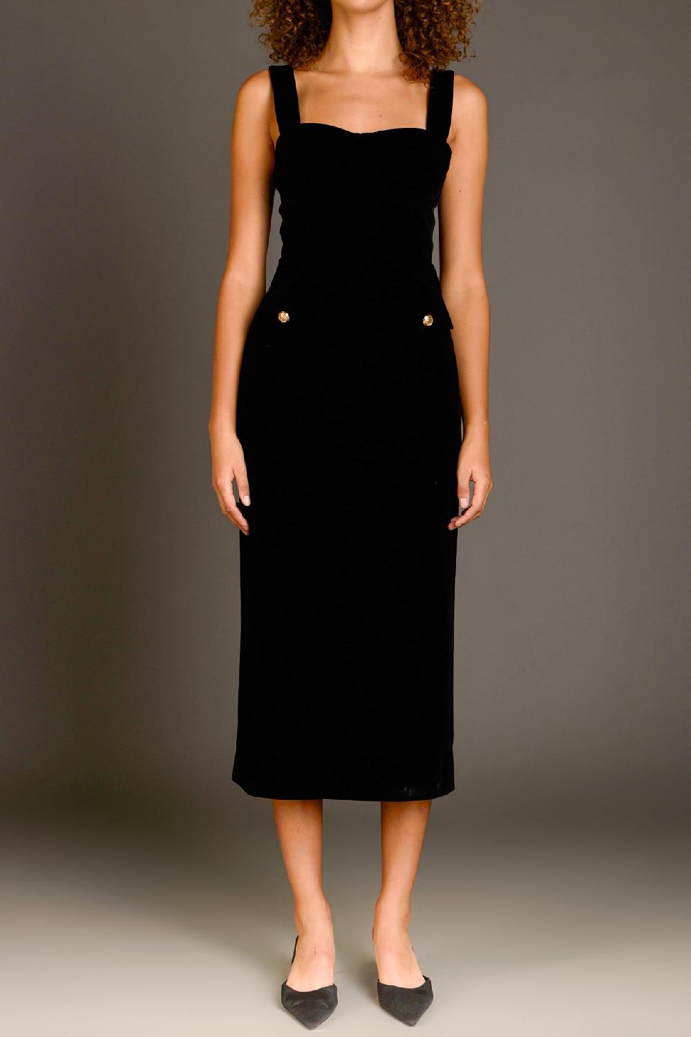 Endless Rose Buttoned Velvet Midi Dress BLACK