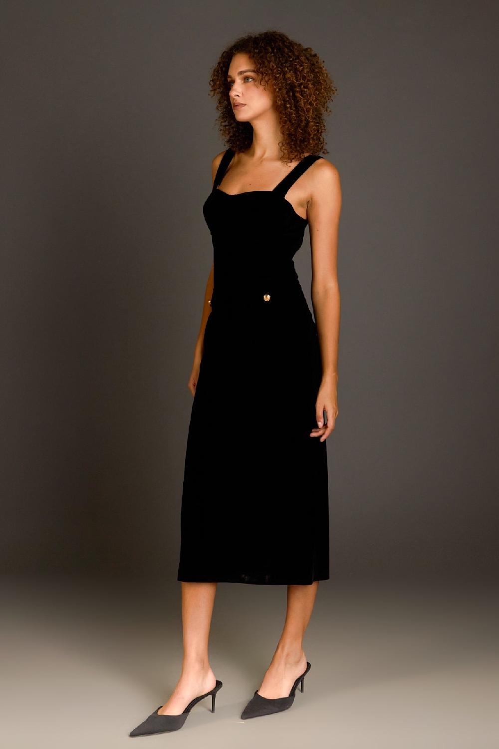 Endless Rose Buttoned Velvet Midi Dress BLACK