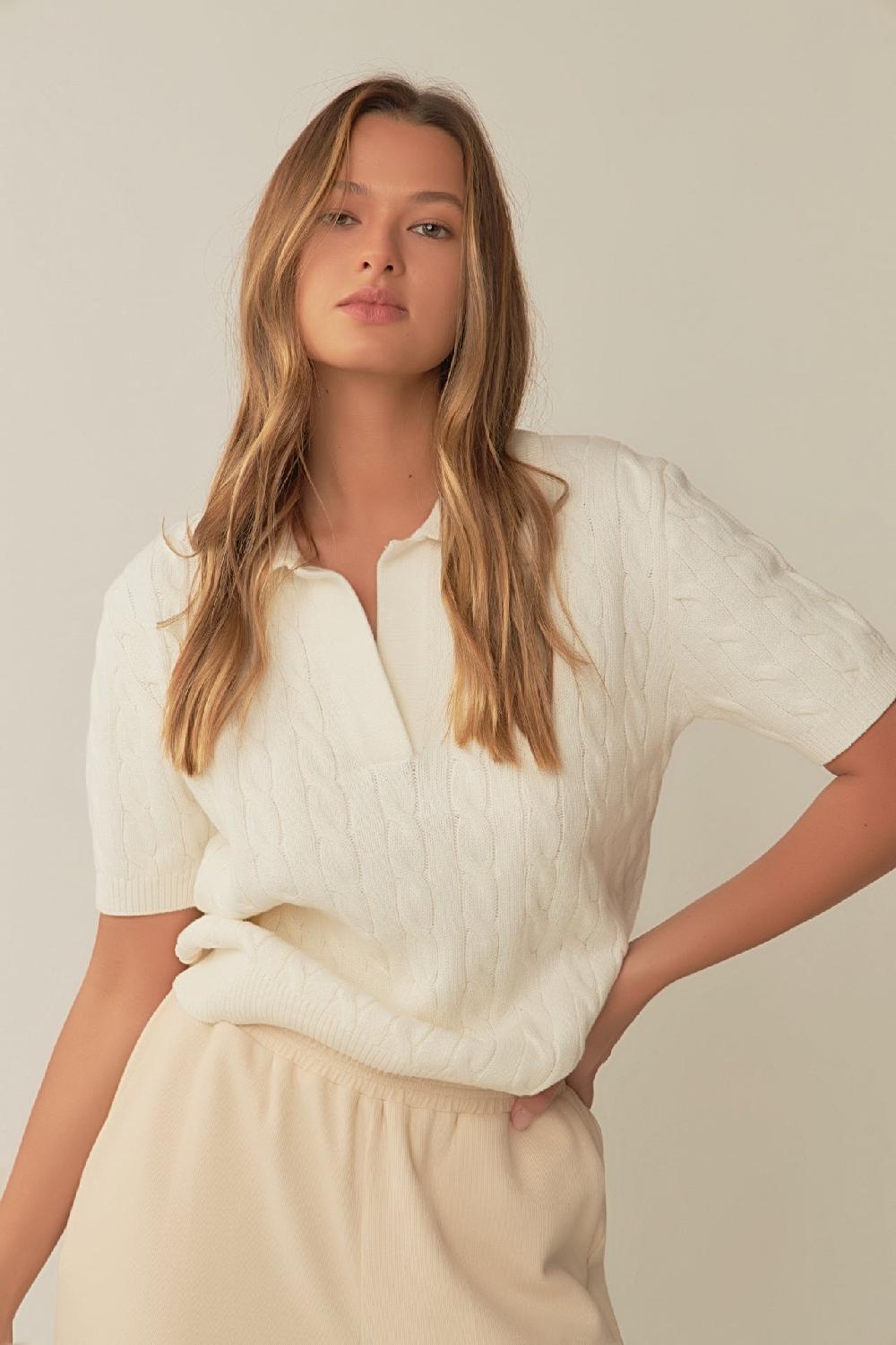 endless rose Cable Knit Polo Top BLUE