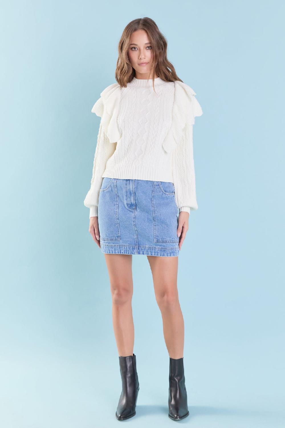 endless rose Cable Knit Ruffled Sweater IVORY