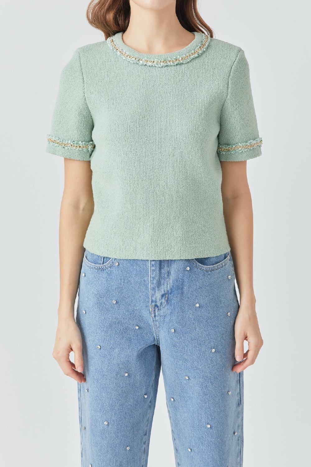 Endless Rose Chain Trim Knit Short Sleeve Top SAGE