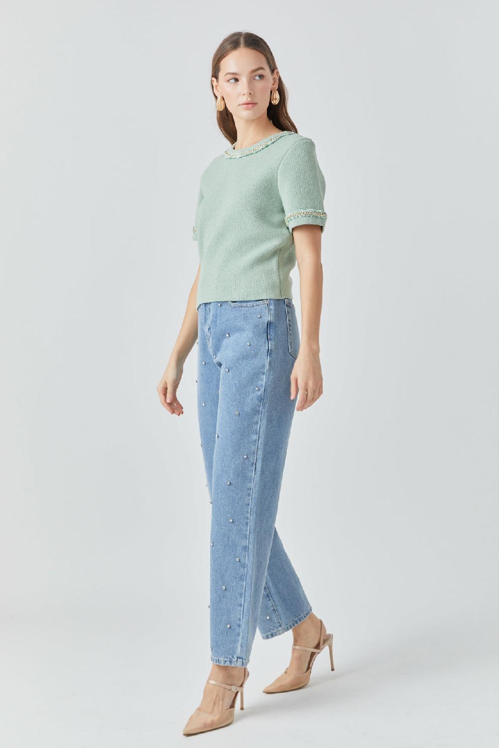 Endless Rose Chain Trim Knit Short Sleeve Top SAGE