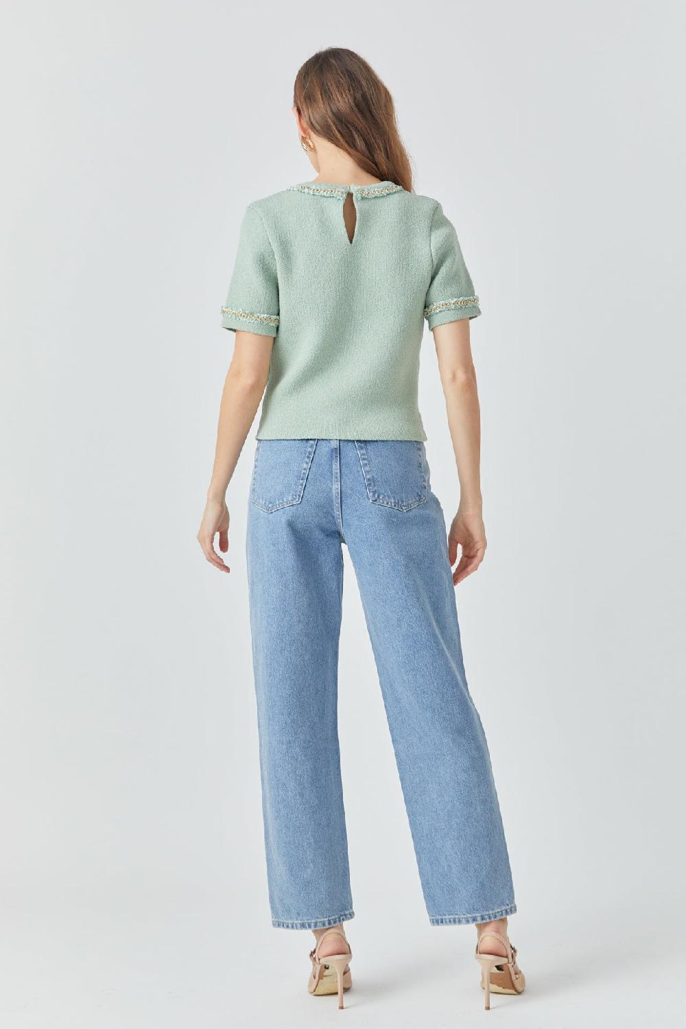 Endless Rose Chain Trim Knit Short Sleeve Top SAGE