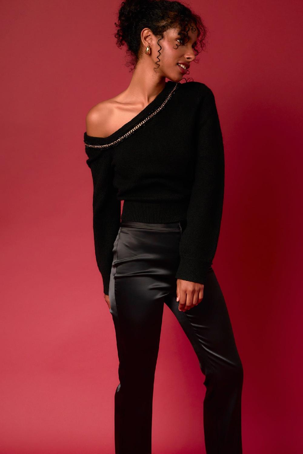 endless rose Chain Trimmed One Shoulder Top BLACK