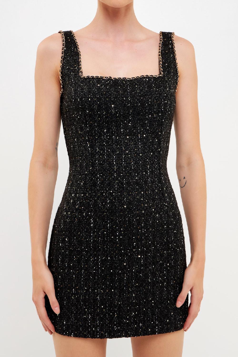 Endless Rose Chain-Trimmed Tweed Mini Dress BLACK