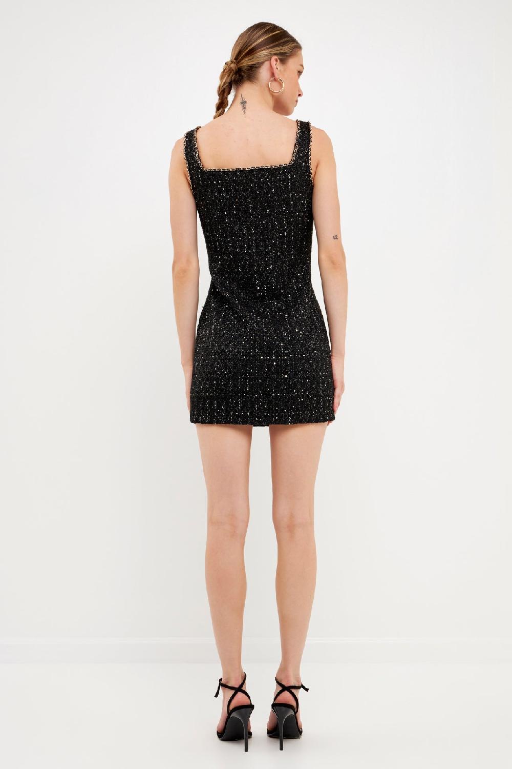 Endless Rose Chain-Trimmed Tweed Mini Dress BLACK