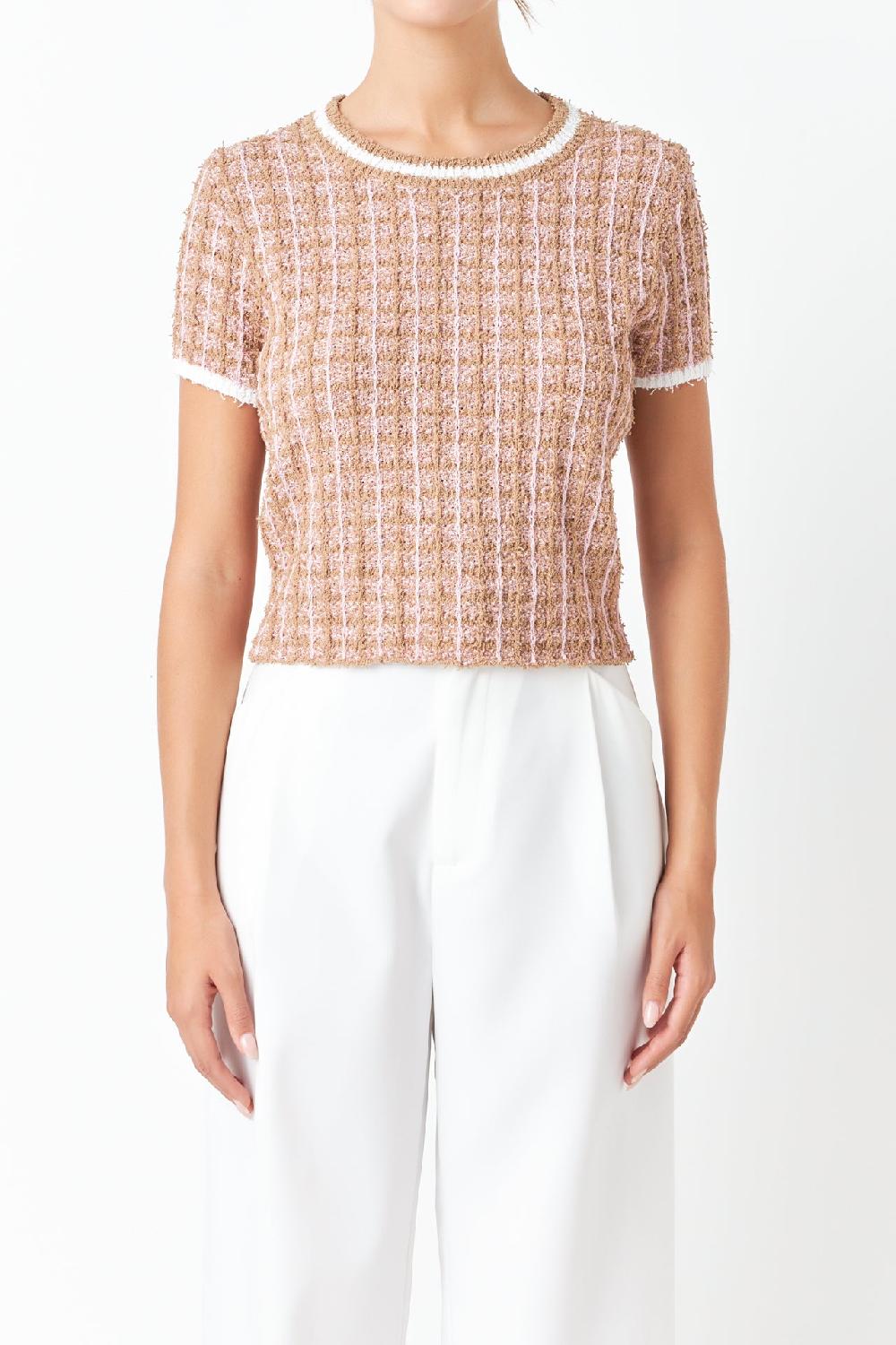 Endless Rose Check Knit Top CAMEL/PINK
