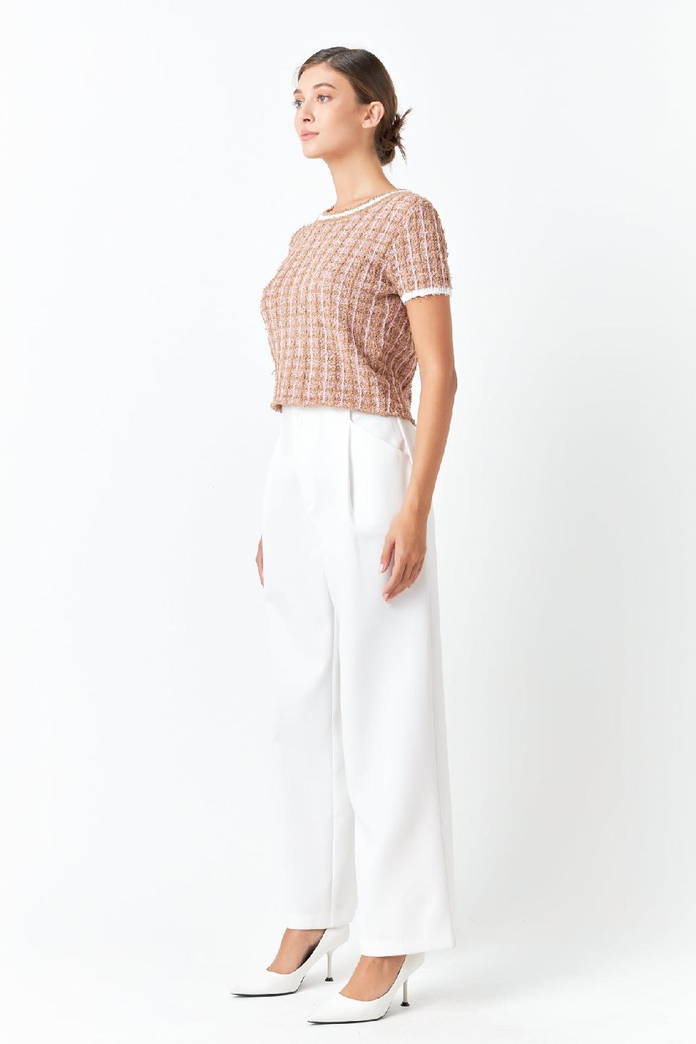 Endless Rose Check Knit Top CAMEL/PINK