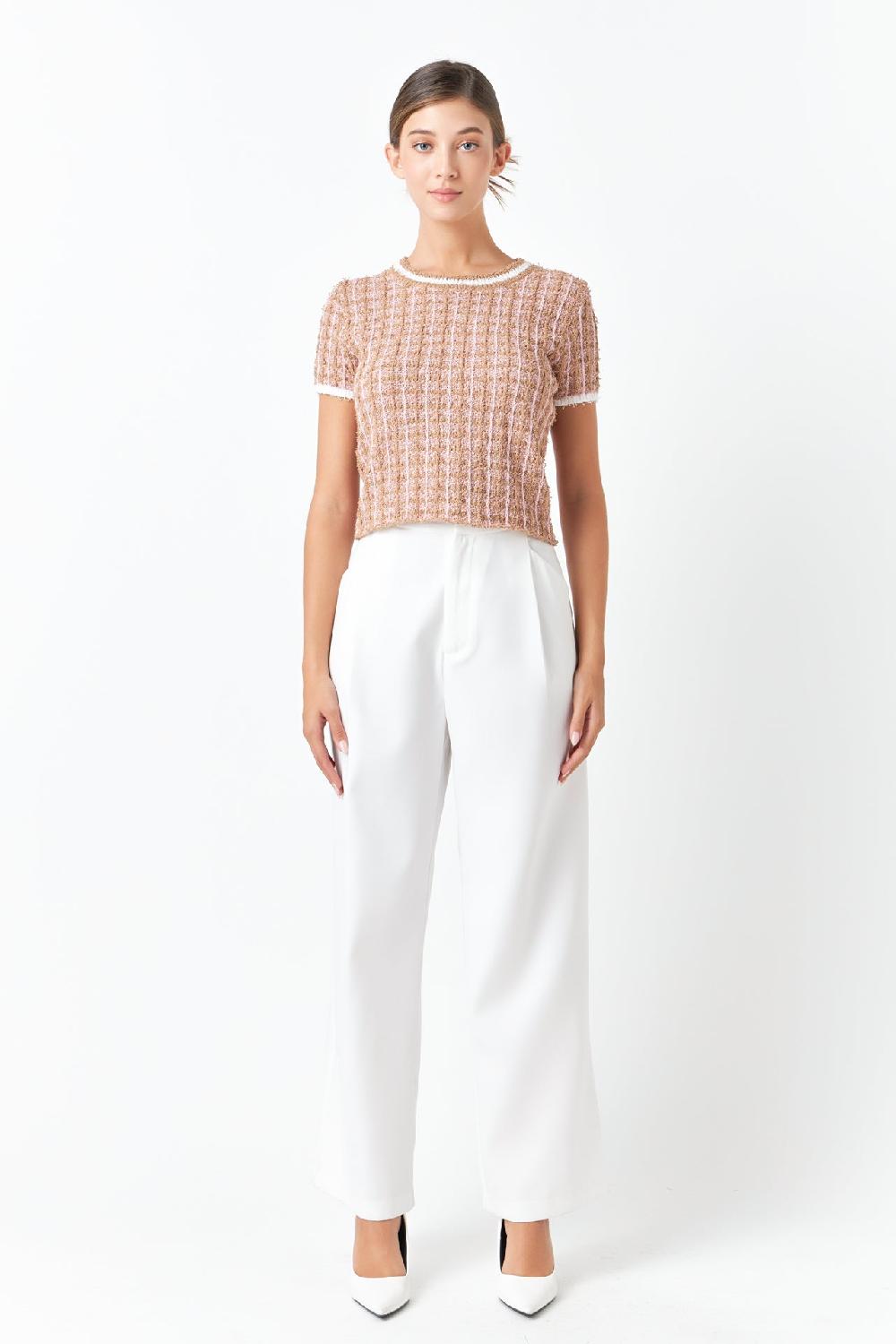 endless rose Check Knit Top CAMEL/PINK