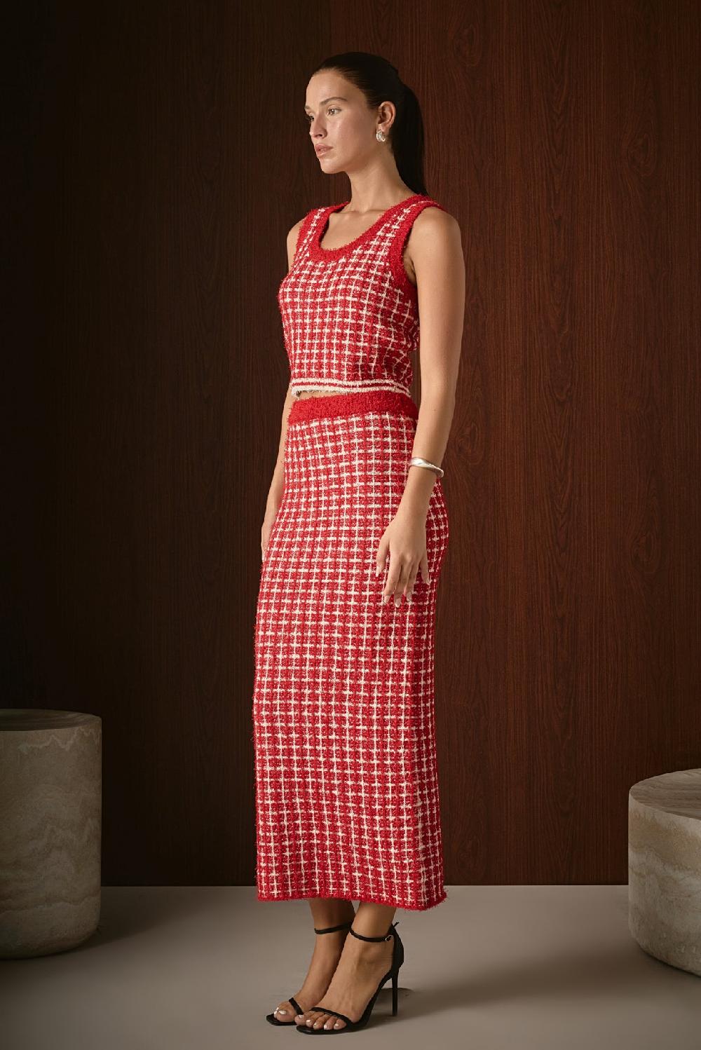 Endless Rose Check Maxi Skirt RED/CREAM