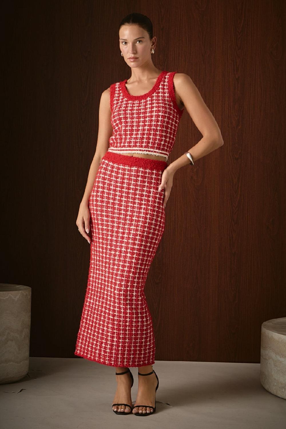 endless rose Check Maxi Skirt RED/CREAM