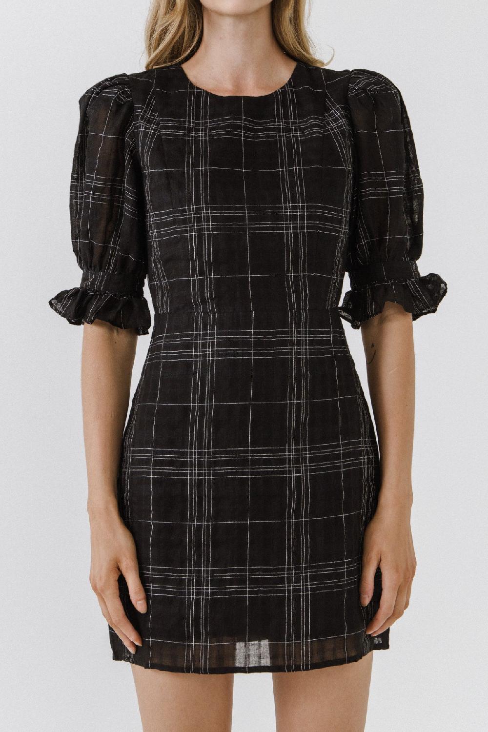 Endless Rose Check Print Linen Dress BLACK