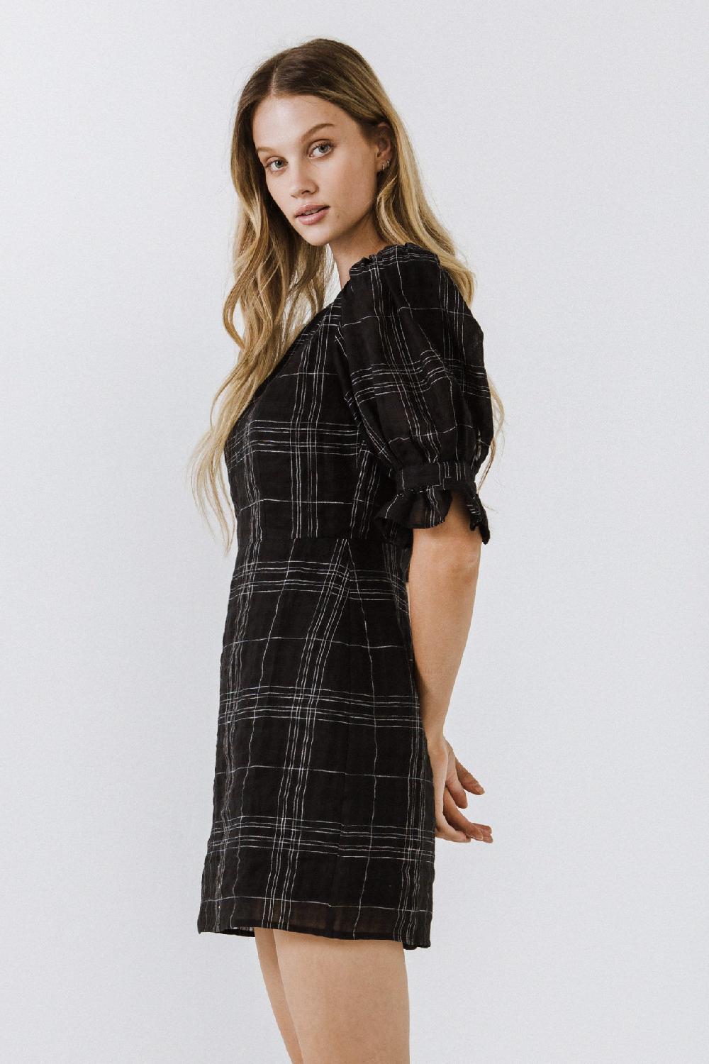 Endless Rose Check Print Linen Dress BLACK