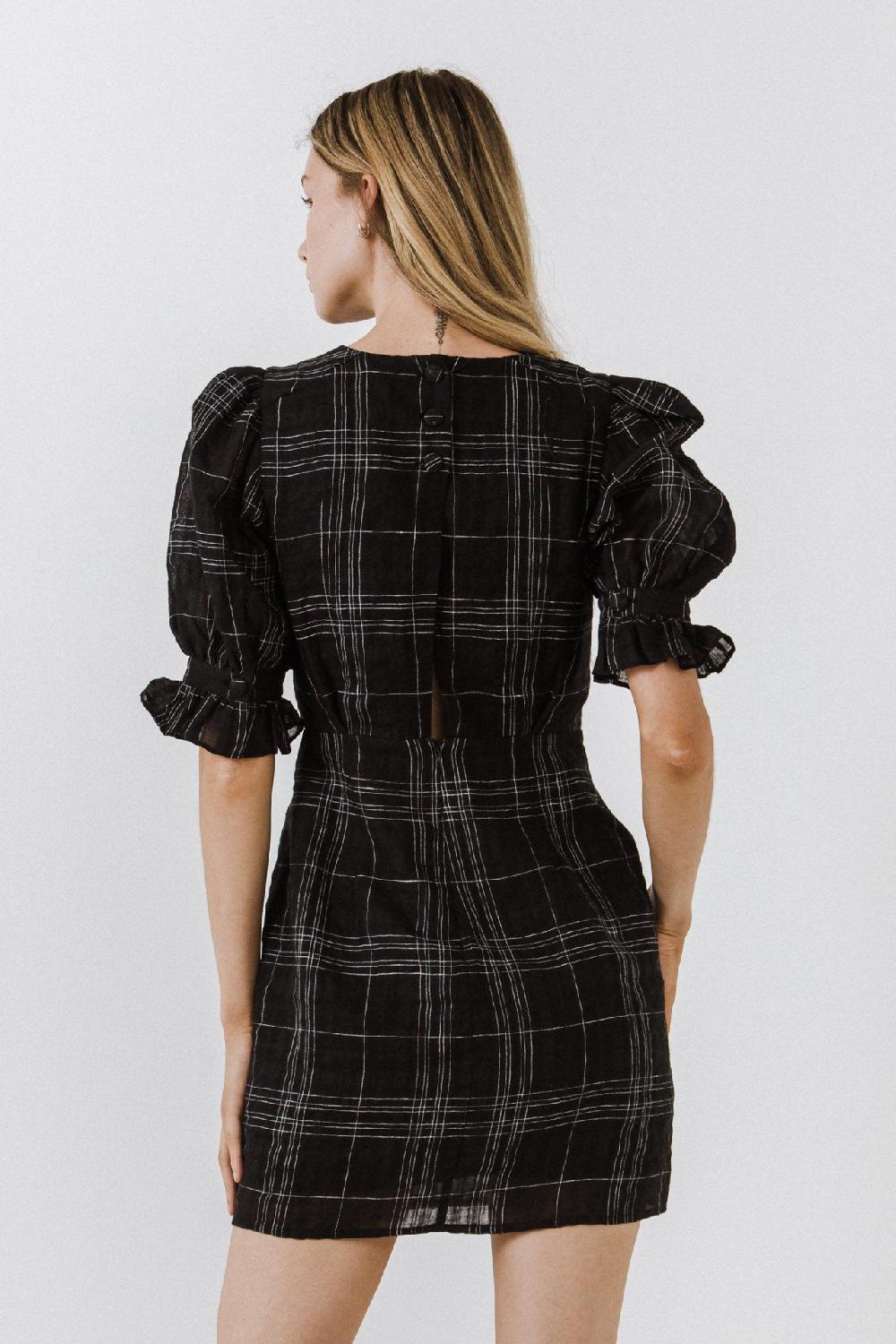 Endless Rose Check Print Linen Dress BLACK