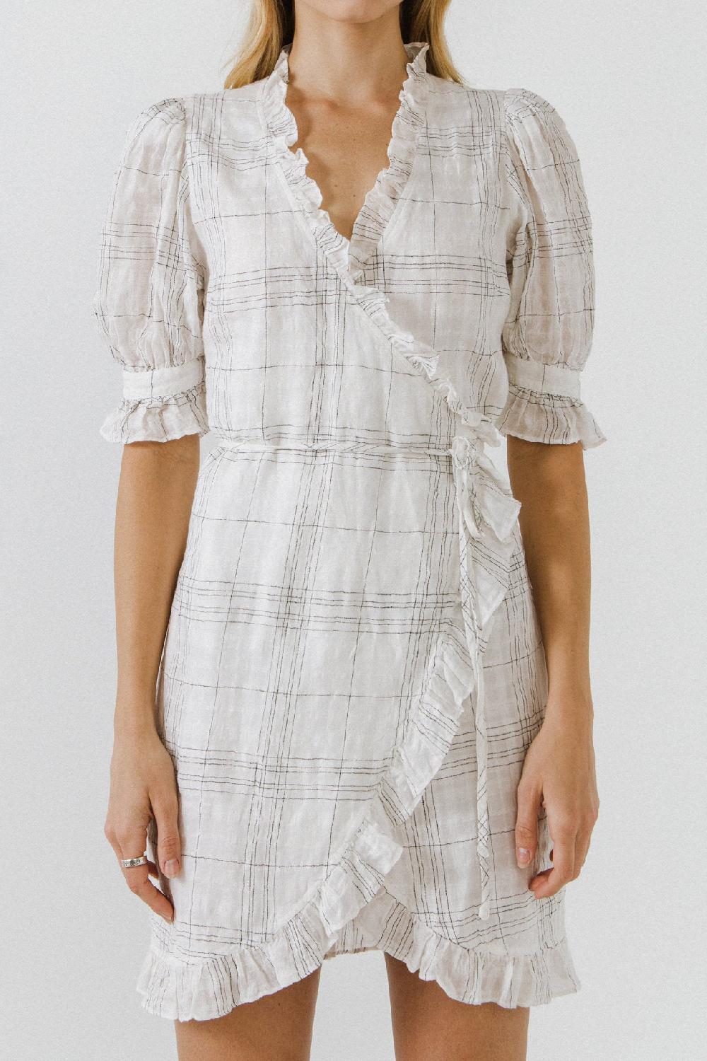 Endless Rose Check Print Linen Wrap Dress WHITE