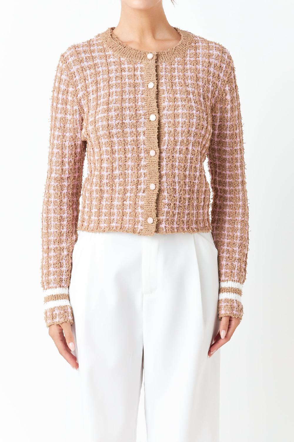 Endless Rose Check Sweater Cardigan CAMEL/PINK