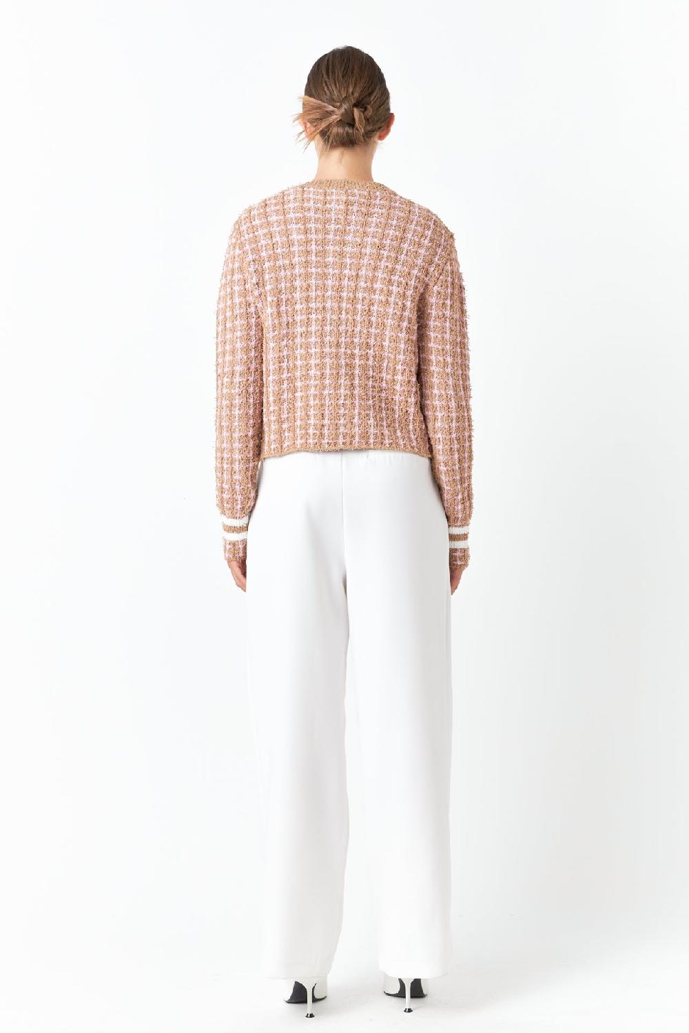 Endless Rose Check Sweater Cardigan CAMEL/PINK