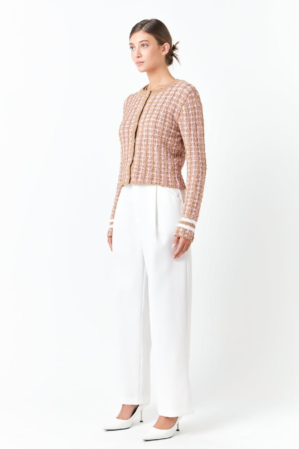 Endless Rose Check Sweater Cardigan CAMEL/PINK