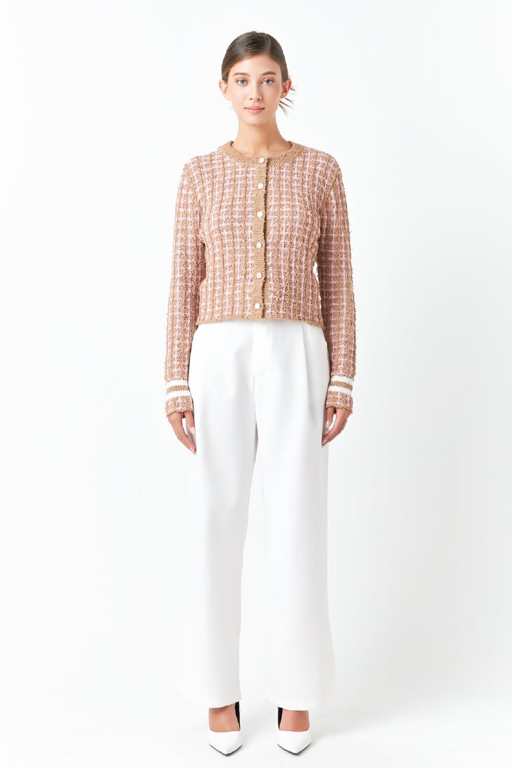 endless rose Check Sweater Cardigan CAMEL/PINK