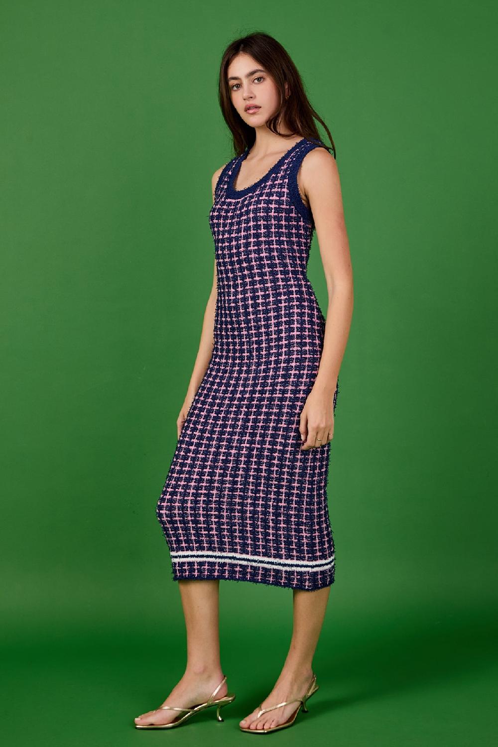 Endless Rose Check Sweater Maxi Dress NAVY/PINK