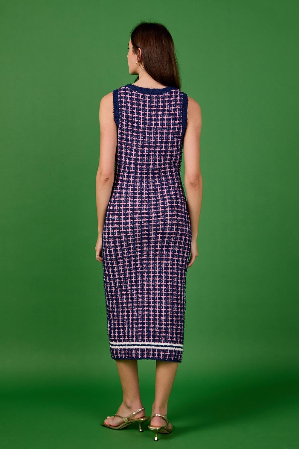 Endless Rose Check Sweater Maxi Dress NAVY/PINK