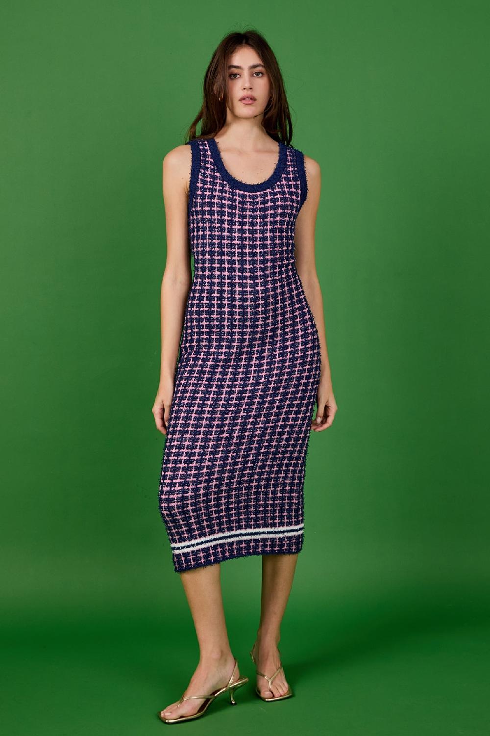 endless rose Check Sweater Maxi Dress NAVY/PINK